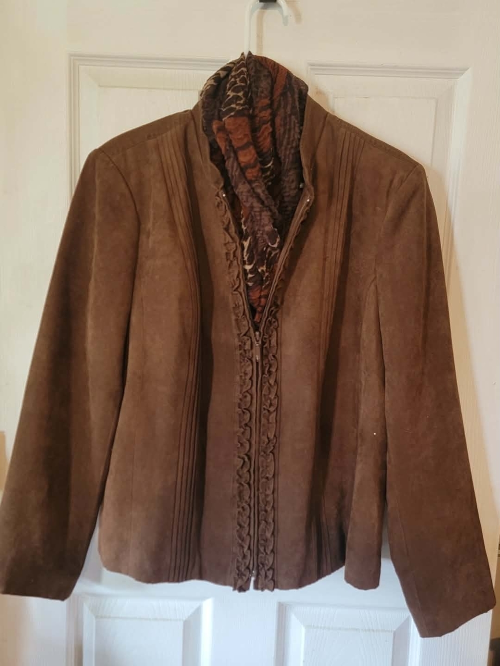 Women's Dress Barn Brown Suede Jacket with Ruffle Trim And Scarf